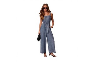 Women's Summer European American Style Denim High-Waisted Skinny Fit Streetwear Jumpsuit Washed Strap