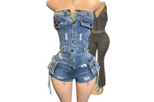 Women's Sexy High Stretch Overalls Shoulder Bodycon One Pieces Rompers Casual Summer Sleeveless Jeans Jumpsuits Pockets