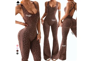 European American Women's Leopard Print Cross-Back Seamless One-Piece Yoga Suit Fitness Sports Casual Bodysuit & Jumpsuit