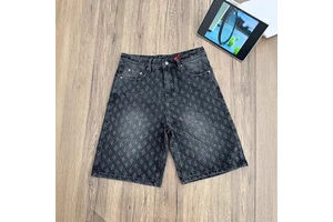 Men's Summer Black All-Over Printed Jacquard Denim Shorts Y2K Vintage Casual Eco-Friendly Washed Straight-Leg Mid-Length