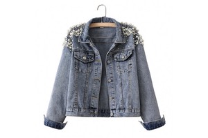 High Quality Vintage Denim Jacket For Women Quilted Pearl Jean Jackets Button Decoration Solid Pattern Streetwear Technique