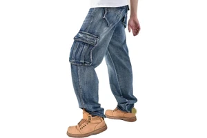 Wholesale Washed Large Size Skateboard Pants Multi Pocket Straight Denim Jeans for Men