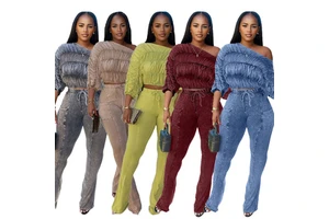 Denim Style Ladies Suit Solid Color Casual One Shoulder Ruched Top and Elastic Waist Drawstring Pants Two Piece Set Tracksuit