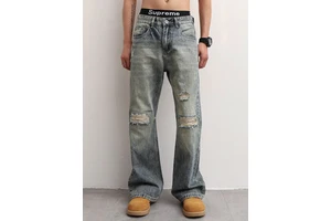 A24AZ-W624/ Style Vintage Distressed Washed Denim Loose Flared Jeans for Men Autumn Winter Trendy High-End Long Pants