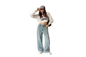 Plus Size Women's Casual High Waist Elastic Eco Friendly Quick Dry Jeans Non Fading Floor Length Wide Leg Button Denim Trousers