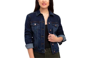 Women's Fashion Slim Denim Jacket with Flip Collar Long Sleeve and Casual Pocket Solid Color Woven and Printed for Autumn