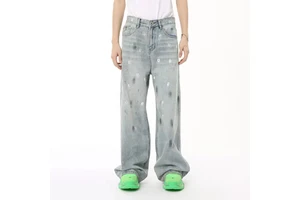 Latest Design Wholesale Custom Men's High Street Manufacturer Unisex Vintage Hip Hop Denim Jeans Rivet Embroidered Washed Baggy
