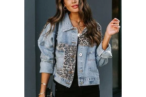 Custom Autumn Denim Jacket for Women Vintage Jean Varsity Bomber with Patchwork Leopard Short Length