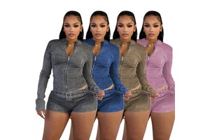 C2527 New Hot Selling Long Sleeved Stretch Waistband High-quality Denim Shorts 2 Piece Set for Women