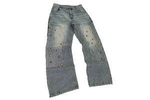 High Waist Wide Leg Plus Size Men's Distressed Denim Jeans with Rhinestone Rivet Decoration Loose Fit Casual Style Button Fly