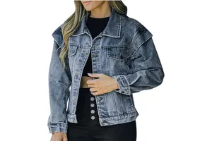 Women Cropped Denim Jackets for Women Fashion Denim Jeans Jacket Solid Color Basic Long Sleeve Jeans Jackets Coats
