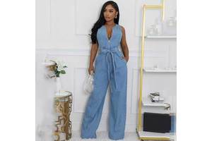 Casual Style Denim Jumpsuit with Zipper Front and High Waist Tie Belt Sleeveless Wide Leg Jeans Overalls for Ladies