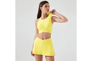Womens Yoga Set Round Neck Tank Top with Elastic Waist Striped Athletic Skort Semi Drawstring Breathable High Stretch Outfit
