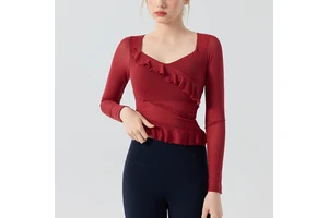 Ruffled Yoga Top Nine Quarter Sleeve Women's Slim-Fit Breathable Irregular Sexy Mesh Sports Top with Chest Pads Pilates