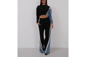 Custom Vintage 2 Piece Set for Women Top and High Waist Patchwork Denim Loose Pant Set Jogging Suits Wholesale