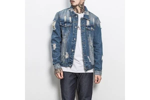 Fashion Custom Plus Size Slim Fit Turn-down Collar Distressed Ripped Blue Wash Denim Jean Jacket Casual Coat Men