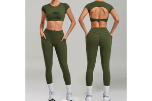 Custom Logo Short Sleeve Backless Sports Yoga Top Open Back Crop High Waist Side Pocket Leggings Breathable Fitness Sports Sets