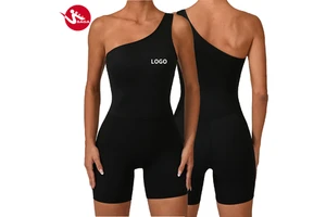 High Quality Breathable Solid Color One Shoulder Unitard with Hip Lifting Short Pants Sports Jumpsuits for Women Training
