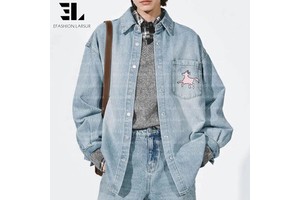 LARSUR Custom Factory Distressed Wash Digital Printing Shacket Denim Jacket Casual Streetwear Dtg Dgt Printed Shirt Jacket Women