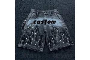 Summer Men Custom Rhinestone Design Jeans Shorts Vintage Streetwear Printed Logo Brown Stone Washed Denim Short Jorts