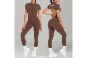 One Piece High Elastic Sports Jumpsuit Zipper No Not Transparent Short Sleeve Beauty Back Fitness Gym Workout Running Bodysuit