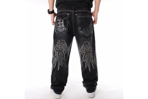 Men's Summer Hip-Hop Woven Lightweight Baggy Jeans Embroidery Printed Mid Breathable Washable Denim Stonewashed Quick Dry
