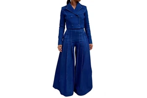 Women's Suit Collar Blouse & Wide-Leg Pants Professional Fashion Denim 2-Piece Set