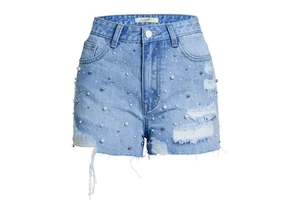 2025 Women's Distressed Summer Skinny Fit Denim Shorts with Belt and Mid Waist Pearl Beaded Hem and Tassel-Sexy Style