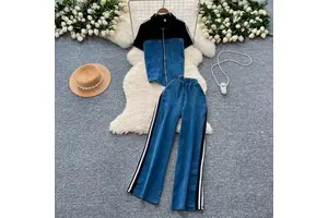 Casual Wear With a Two-Piece Women'S Fashion Stand Collar Zipper Short Sleeve Patchwork Top Wide-Leg Pants Denim Suit