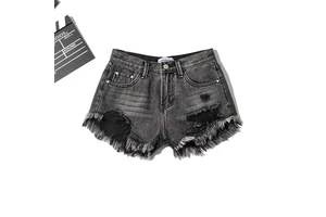 Wholesale Custom Women Summer High Waist Jeans Rhinestones Casual Loose Fade Washed Denim Shorts 100% Cotton