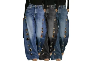 New Style Women's Denim Jeans with Metal Perforated Design Casual Loose Fit Mid Waist Wide Leg Summer Button Solid