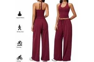 Women Outdoor Fitness Yoga Set Halter Neck Shockproof Top Quick Dry Loose Wide Leg Sports Long Pants