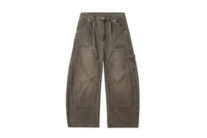 Men's Vintage Washed Double Knee Carpenter Jeans Baggy Wide Leg Cargo Workwear Pants Streetwear Y2K Distressed Denim Trousers
