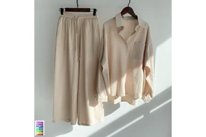 2025 Women's Retro Plus Size 2 Piece High Waist Loose Pants Solid Linen Casual Spring Autumn Suit Shirts Set for Women