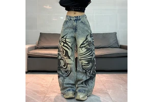 High Waist Denim Custom Embroidered Sweatpants Vintage Washed Baggy Straight Flared Women Denim Jeans