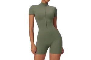 Custom Breathable Half Zip Gym Sports Active Wear Plain Short Sleeve One Piece Yoga Jumpsuit for Fitness Athletic Workout