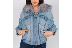 Women's Winter Fur Lining Denim Jacket and Coats Quilted with Stand Collar and Button Decoration Solid Pattern
