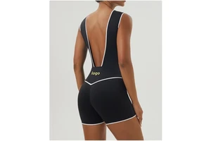 High Quality Sport Jumpsuits White Line Trim Contrasting v Neck Backless Gym Sexy Yoga Running Fitness Workout Wear Clothes