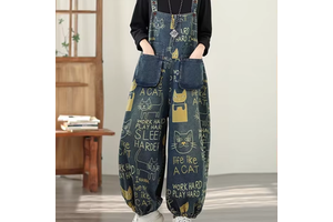Vintage Loose Harem Casual Dad Bib Overalls Women's Boot Cut Denim Mid Waist Summer Button Asymmetrical Jumpsuit