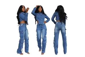 Top Selling Products New Casual Suit Stretch Multi-pocket Washed Denim Set for Women