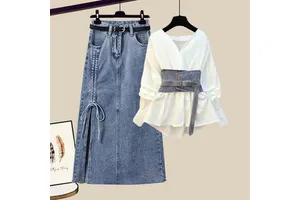 2025 Women's Trendy Two-Piece Suit V-Neck Vested Denim Skirt with Long Daily Wear Top New Design Sense Niche Plus Size Dress
