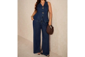 Women's Plus Size Casual Dark Blue Denim Two-Piece Set Gold Button Sleeveless Vest Suit High Waist Wide Leg Pants Old Money
