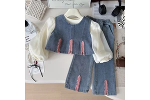 Girls' Spring 2026 New Style Stylish Fashionable Solid Color Recycled Fiber Children's Base Shirt Denim Wide-leg Pants Set