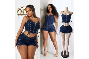 New Arrivals Women's Denim Sets Zipper Patchwork Crop Top Stretch Shorts Bandage 2 Piece Set Y2K Jeans Denim Two Piece Set Women