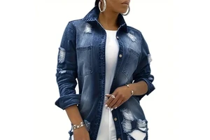 Women's Fashionable Distressed Denim Jacket and Coat New Style with Button Decoration for Autumn Season