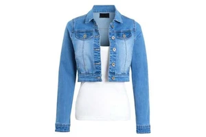 Women's Blue Cropped Denim Jacket with Long Sleeves 2 Front Pockets Cotton Filled Breathable-Finished Ladies Jeans Jacket