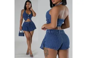 2024 Women's Denim Casual Set Stretch Denim Suit Halter Backless Single-breasted Tops Matching Shorts Y2K Streetwear 2 Piece Set
