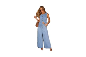 Women's Vintage Summer Formal Denim Suit with Wide Leg Vest & Button Jeans New Washed Technique