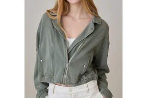 Custom Women's Washed Cropped Bomber Jacket Diagonal Zip Elastic At Bottom Band Casual Jacket Manufacturer