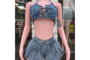 Denim Women's Suit Sexy Hollow Out Top With Pleated Short 2 Piece Set Women Denim Summer Loungewear